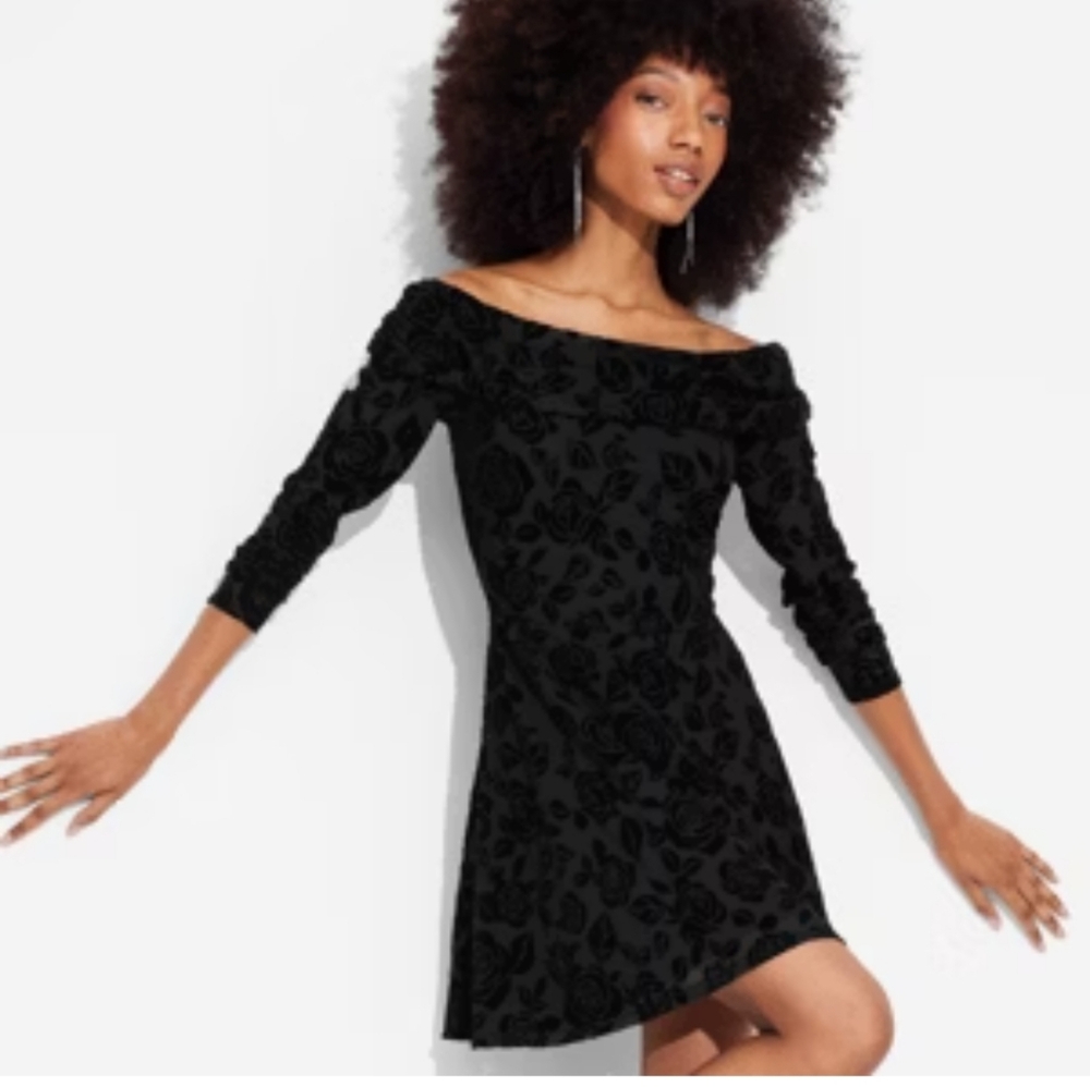 Elegant Black Flocked Floral Dress